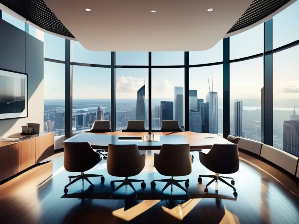 Sala de juntas moderna en rascacielos Reunión ejecutiva con vista panorámica de distrito financiero - Leer informes financieros eficientemente