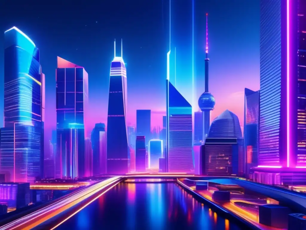 Ciudad futurista nocturna con rascacielos iluminados Una emocionante imagen en 8k muestra una ciudad futurista iluminada por luces neón, con rascacielos modernos y una animada actividad financiera