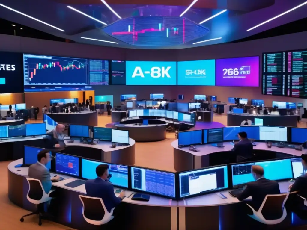 Traders en la bolsa con pantallas y gráficos Un emocionante piso de bolsa en 8K, con traders modernos y gráficos futuristas, mostrando indicadores económicos para inversores