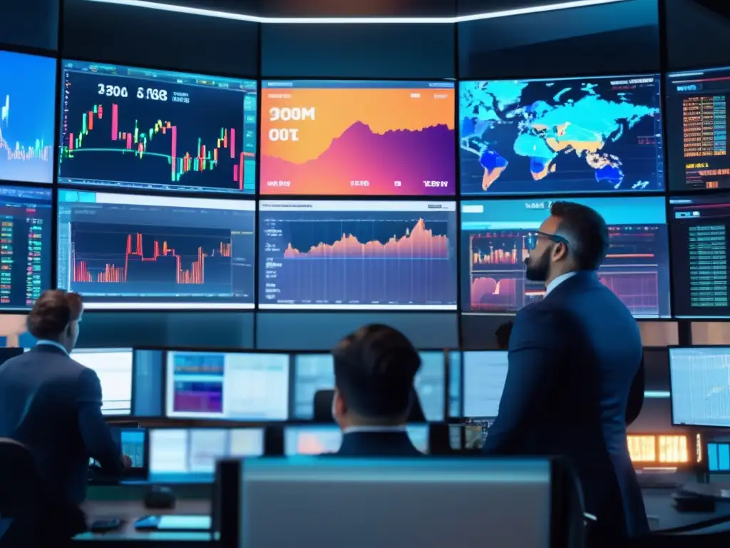 Traders en moderna sala de trading con pantallas de alta tecnología Un emocionante piso de trading moderno con monitores hi-tech, traders analizando gráficos y tomando decisiones en un ambiente lleno de energía