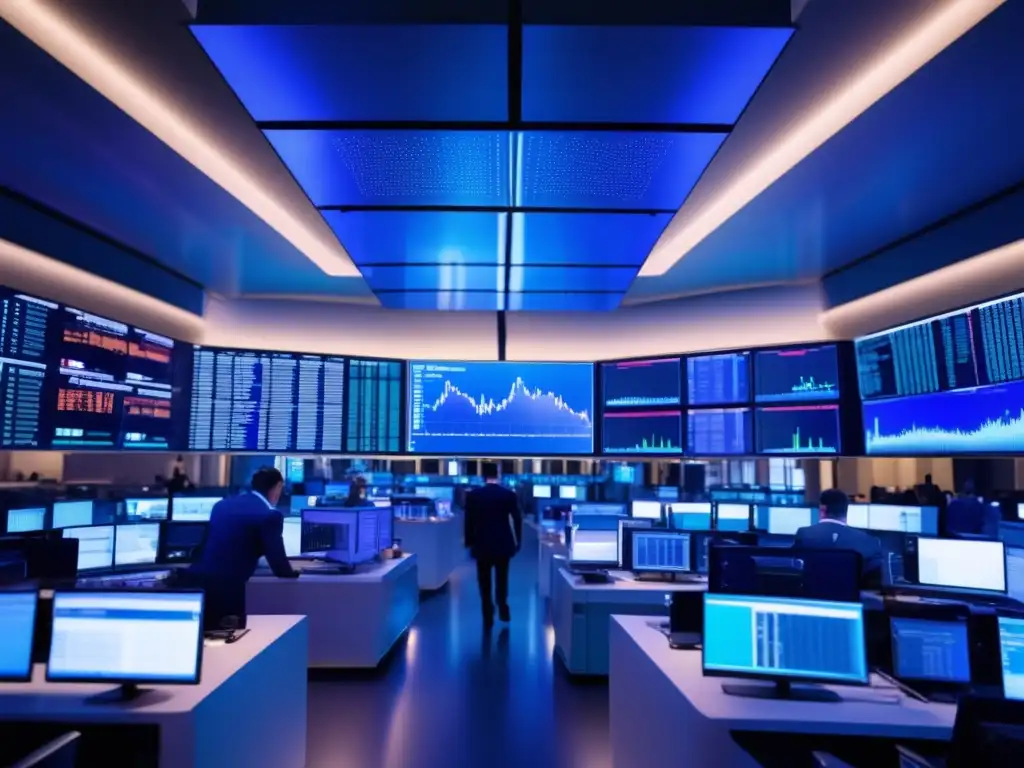 Traders en una sala de trading moderna Dominar emociones en la bolsa: Trading floor ultradetallado 8k muestra ambiente futurista en bolsa de valores