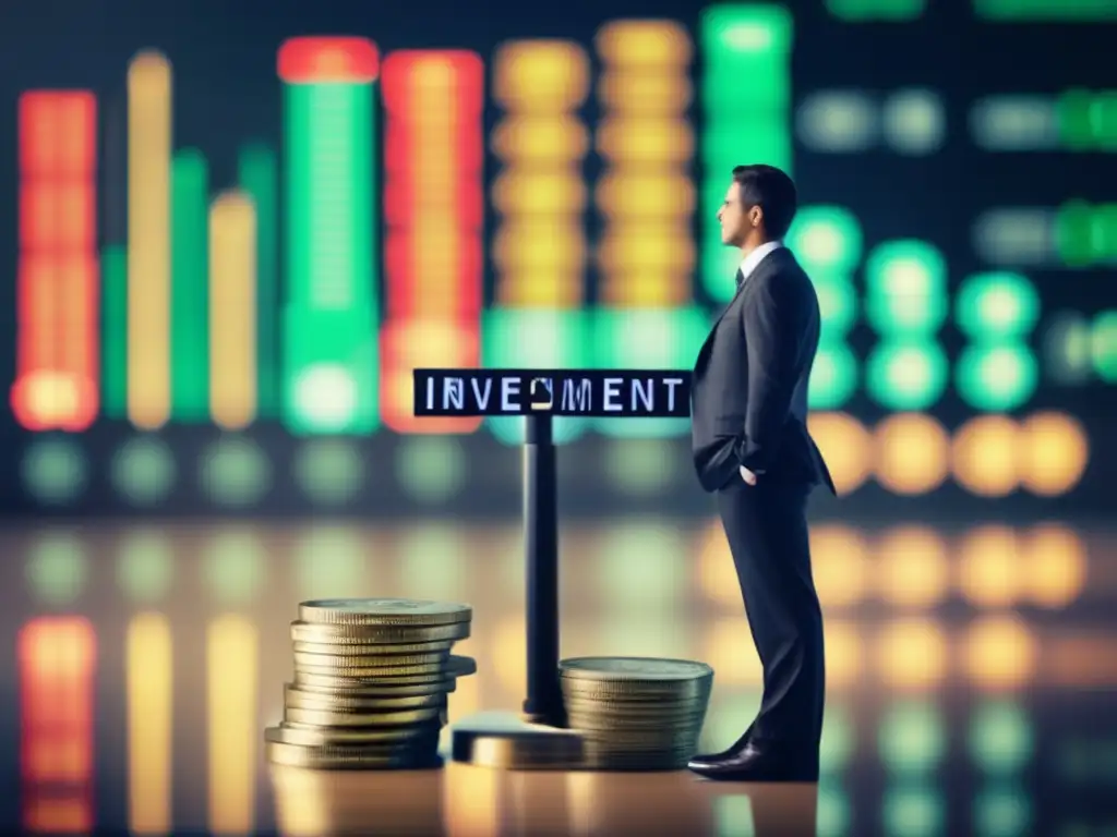 Equilibrio financiero y control emocional en inversiones Dominar emociones en la bolsa: Persona profesional en la bolsa con escala y dinero, contrastando control emocional y codicia