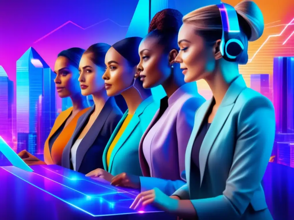 Mujeres empoderadas en fintech Empoderamiento financiero mujeres Fintech - Mujeres seguras e involucradas en tecnología financiera avanzada, rodeadas de una ciudad futurista