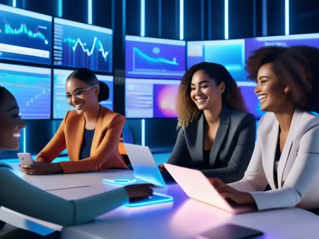 Mujeres empoderadas en oficina fintech Empoderamiento mujeres Fintech en moderna oficina financiera con tecnología futurista