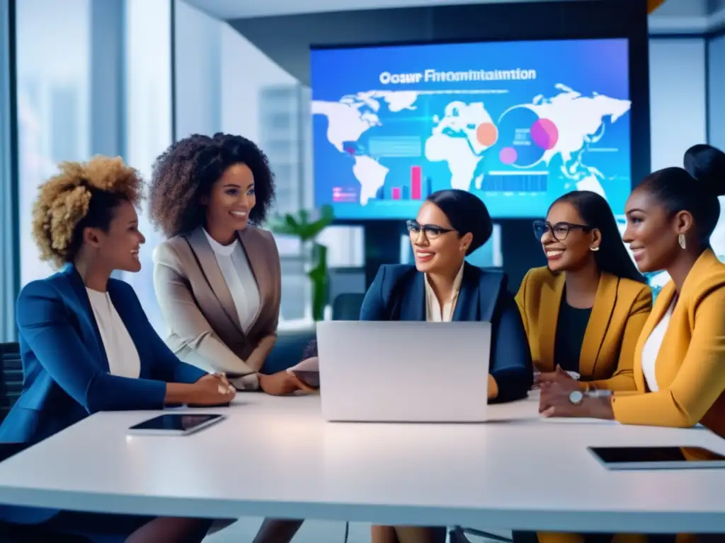 Mujeres empoderadas en fintech Empoderamiento mujeres Fintech en oficina moderna con tecnología financiera y actitud profesional
