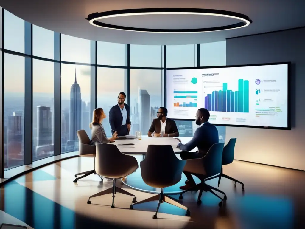 Emprendedores innovadores en reunión Emprendedores en una reunión, con vista a la ciudad