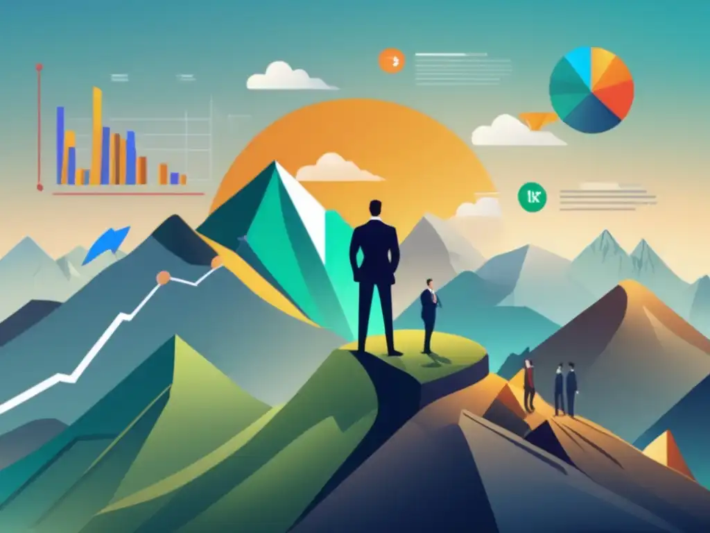Éxito financiero a través de la diversificación Empresario en la cima de una montaña con inversiones diversas y herramientas financieras - Apalancamiento financiero inversiones potenciar