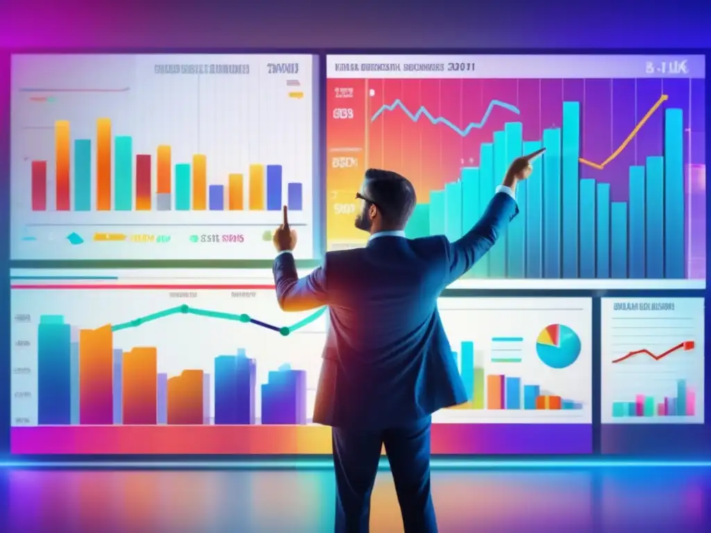 Éxito y exclusión: sesgo de supervivencia en el mercado de valores Empresario señalando empresas exitosas en una pared de datos financieros
