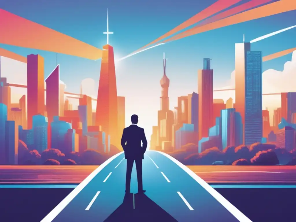 Hombre de negocios en encrucijada Empresario en encrucijada, ciudad futurista vs