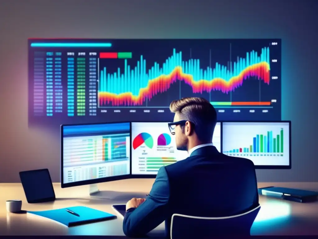 Hombre de negocios en oficina moderna Empresario enfocado en gráfico de acciones