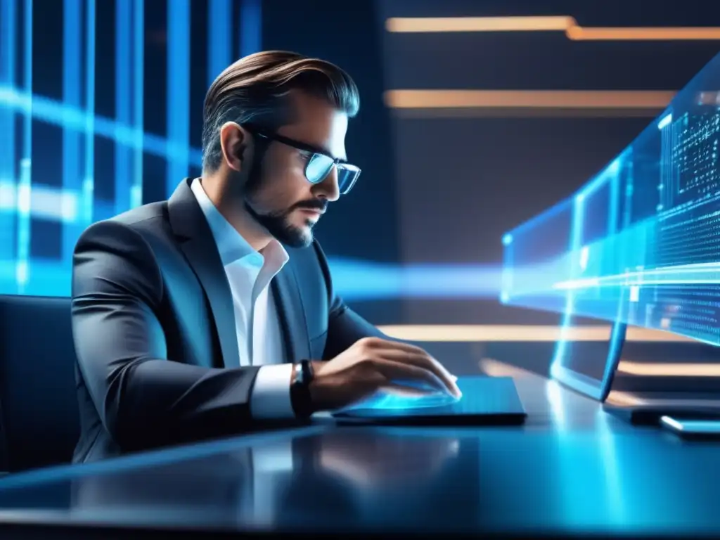 Empresario moderno en escritorio futurista Empresario moderno estudiando estrategias inversión blockchain (110 caracteres)