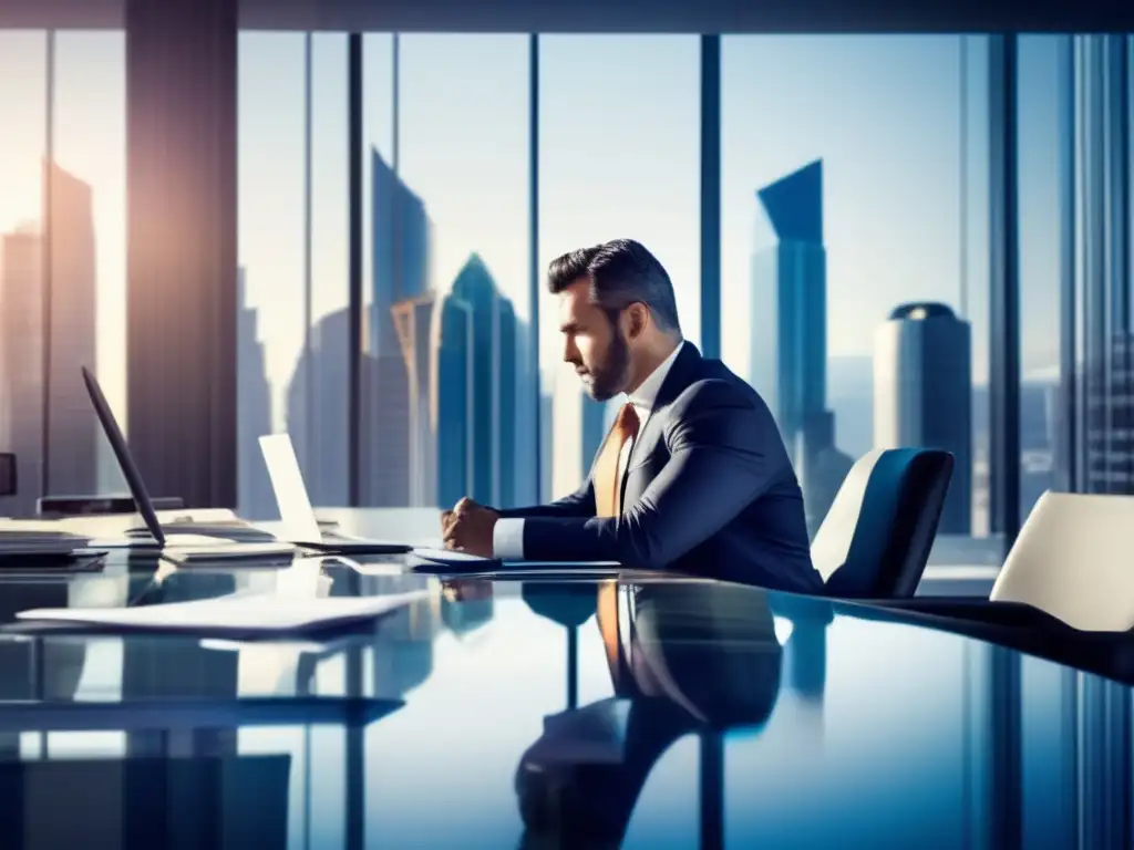 Ejecutivo de inversión analizando gráficos financieros Empresario en oficina con estrategias de inversión activa