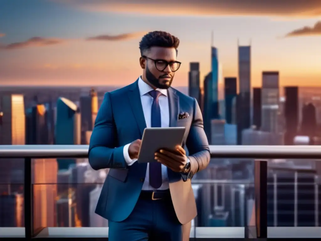 Hombre de negocios diversificando inversiones Empresario seguro en terraza con vista a la ciudad al atardecer, diversificando su portafolio de inversiones