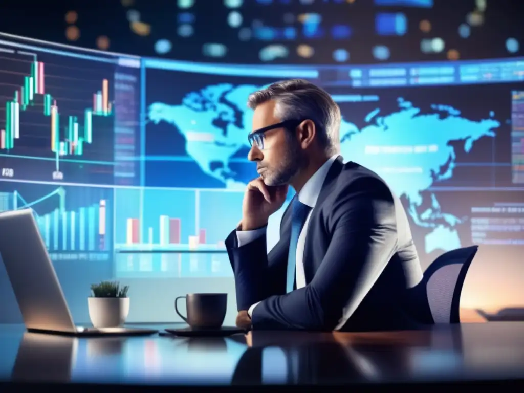 Empresario reflexionando sobre sesgos cognitivos en finanzas Empresario reflexiona sobre sesgos cognitivos en finanzas