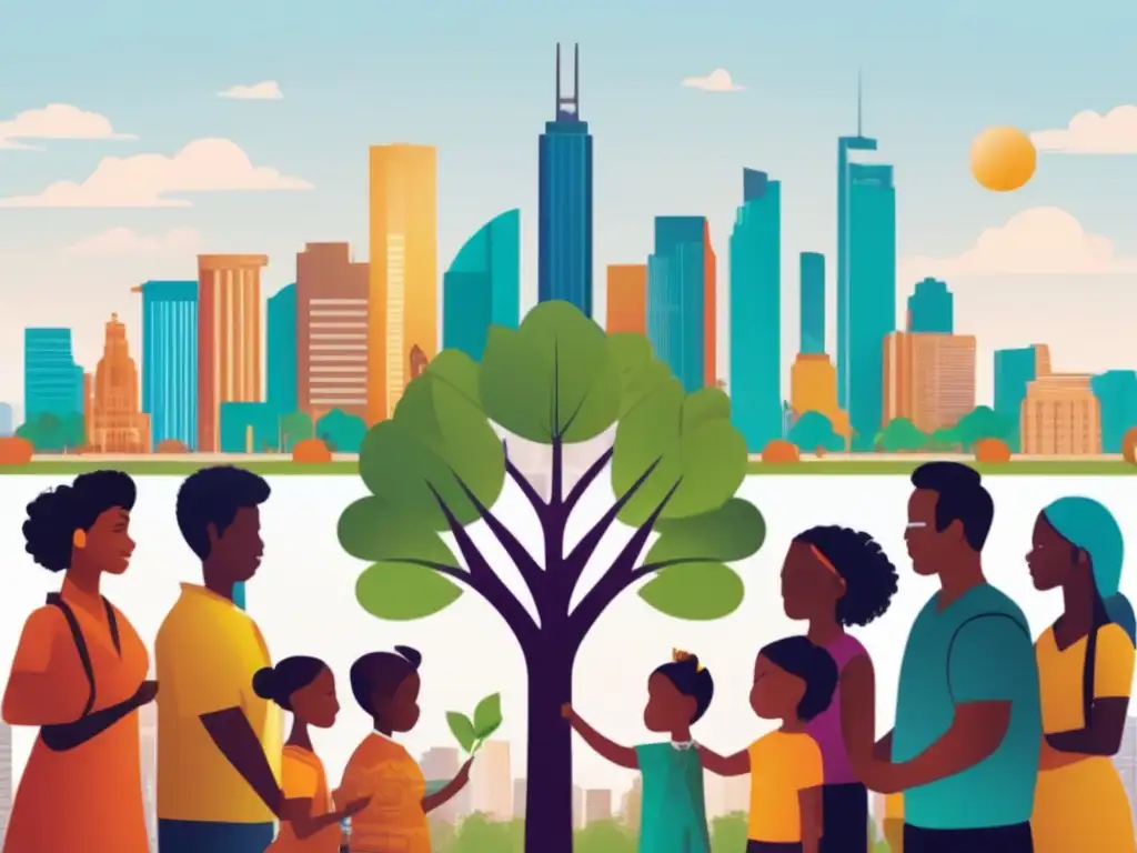 Ciudad sostenible: Unión y colaboración Empresas con propósito sostenible: ciudad vibrante, diversidad unida en plantación de árboles, compromiso ambiental y responsabilidad social