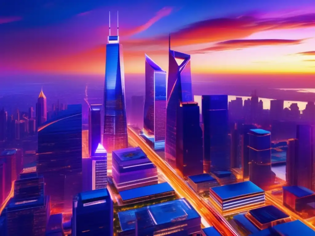 Ciudad moderna con rascacielos y atardecer vibrante Empresas responsabilidad social invertir: ciudad vibrante, rascacielos futuristas, sostenibilidad y diversidad en actividades urbanas