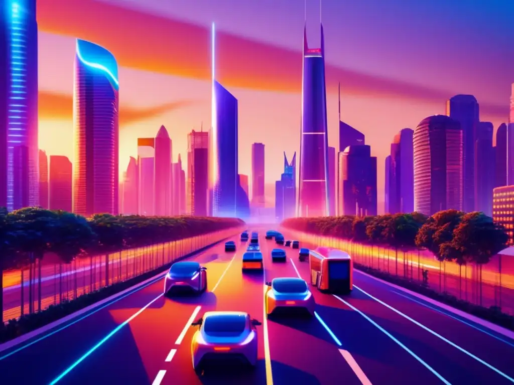 Ciudad futurista con energía sostenible Guía inversión energía diversificada: ciudad futurista con rascacielos, energía renovable y vehículos eléctricos