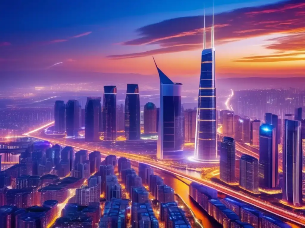 Energía sostenible en una ciudad futurista Guía inversión energía diversificada: futurista ciudad sostenible, inversores dialogan estrategias, energías renovables, progreso colaborativo