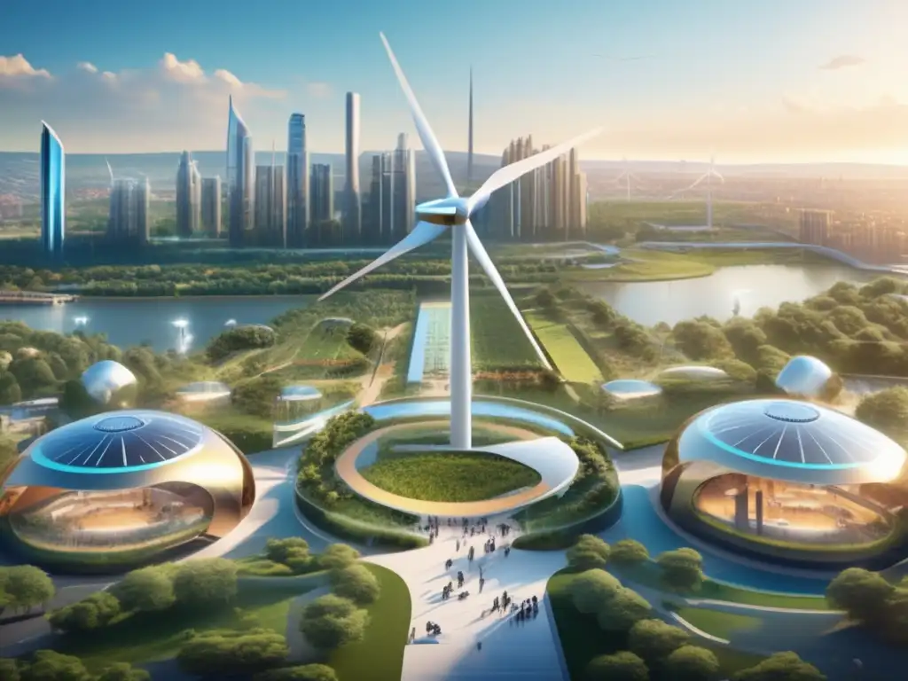 Futurista ciudad con energía renovable Guía de inversión en energía diversificada: Futurista ciudad con edificios modernos y energías renovables en armonía