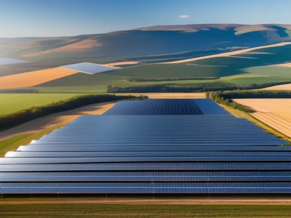 Planta solar sostenible en paisaje natural Energía renovable: beneficios de invertir en un moderno y sostenible parque solar, captando la luz solar en un paisaje natural