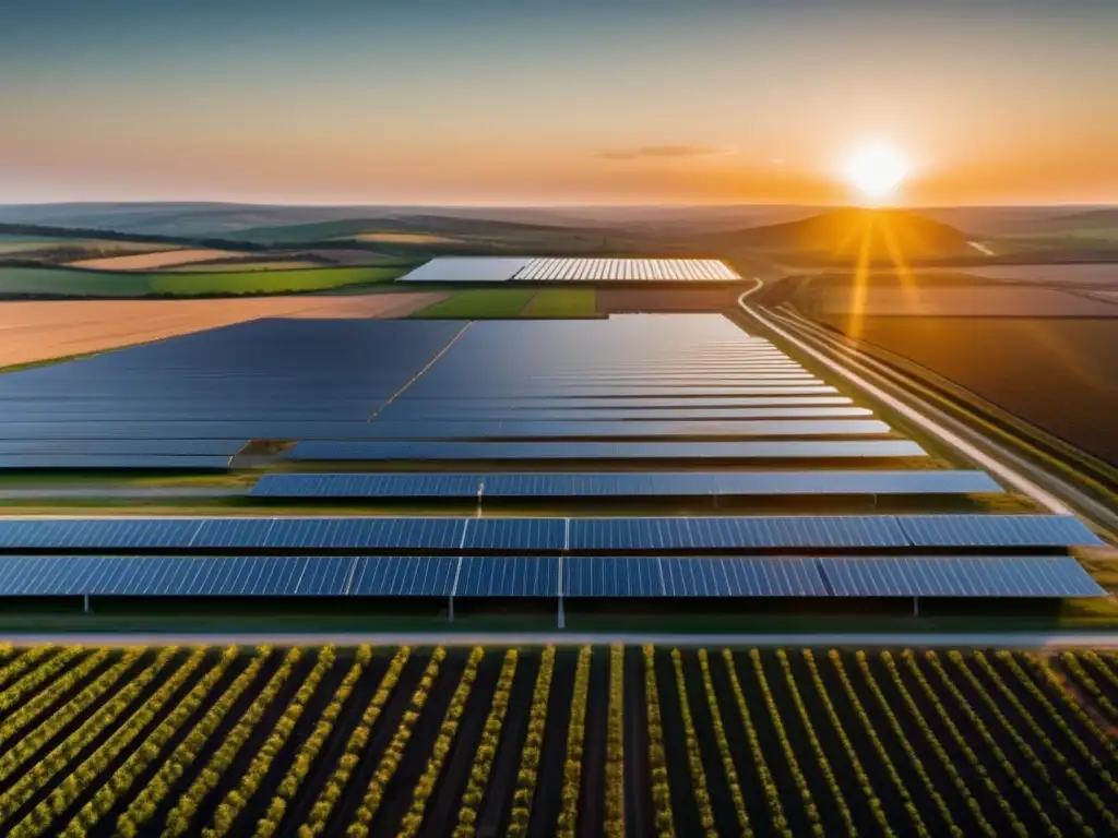 Impresionante granja solar en paisaje Energía solar: acciones prometedoras en una impresionante imagen de 8k que muestra una granja solar bañada en cálida luz dorada