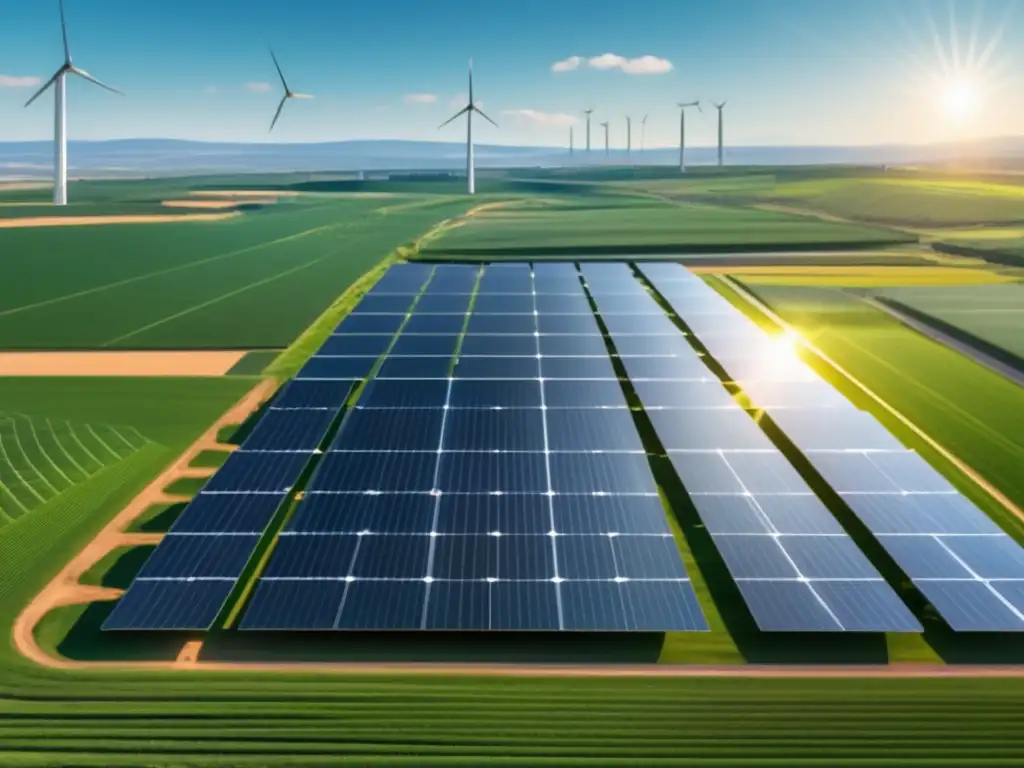 Planta solar futurista en 8k Energía solar: acciones prometedoras en planta futurista de diseño moderno con paneles solares brillantes y paisaje verde y cielo azul