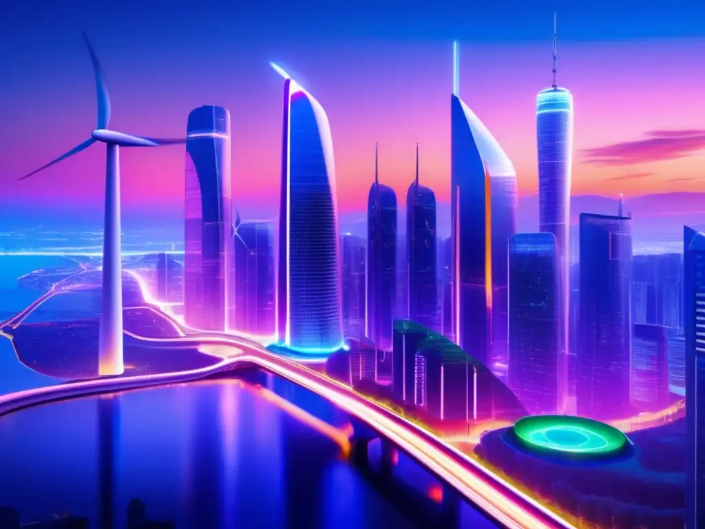 Ciudad futurista: tecnología limpia y energía renovable Inversión en energías limpias: mitos y realidades en una ciudad futurista iluminada con tecnología y naturaleza