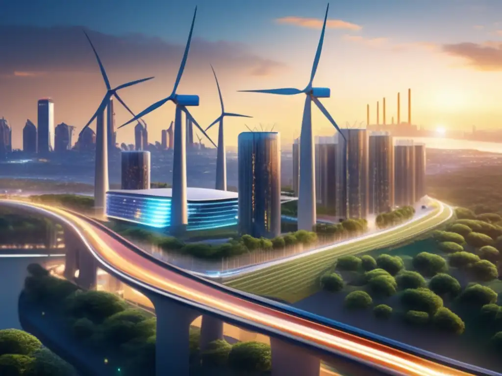 Ciudad futurista con energía renovable Inversión en energías renovables continentales: ciudad futurista con energía limpia y transporte sostenible