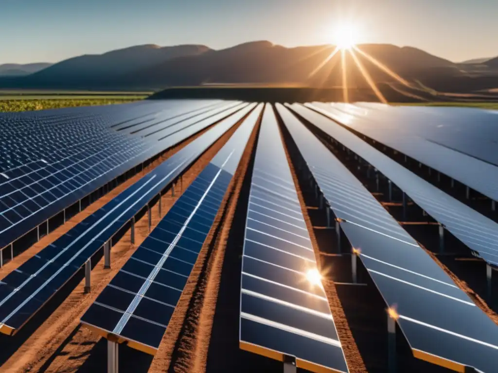 Granja solar expansiva brillante Inversión en energías renovables continentales: Granja solar de 8k ultradetallada, paneles negros brillantes capturando la luz solar