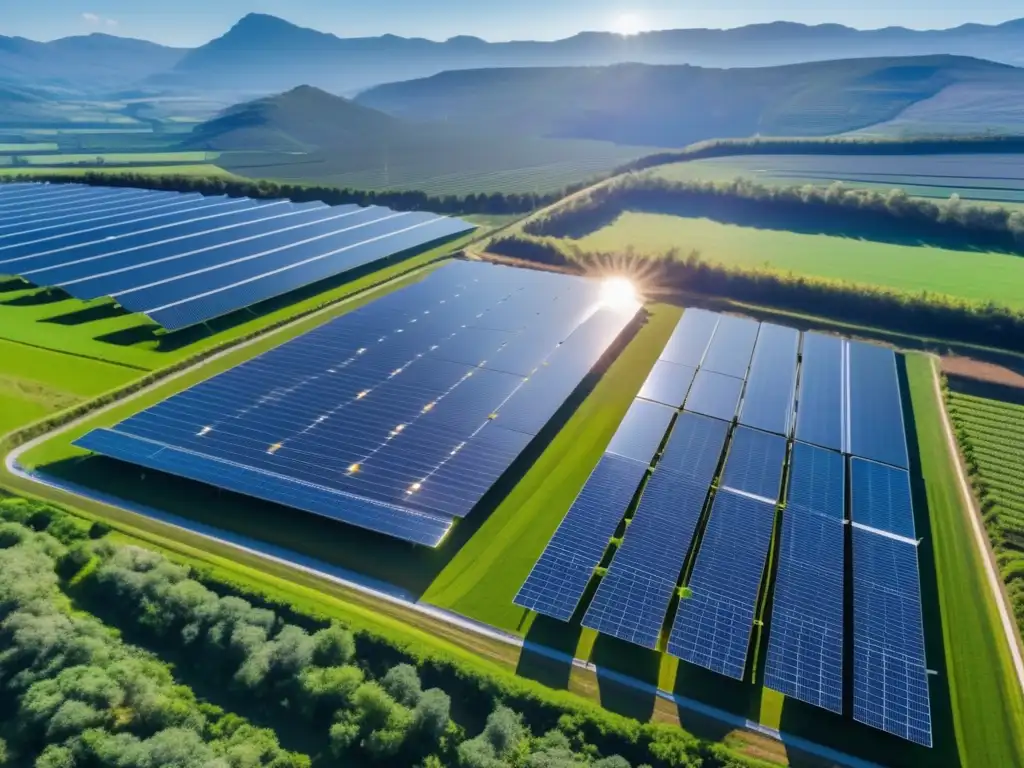 Planta solar vibrante y sustentable Energías renovables en crisis: una imagen impactante de una planta solar vibrante en alta resolución 8K, bajo un cielo azul despejado