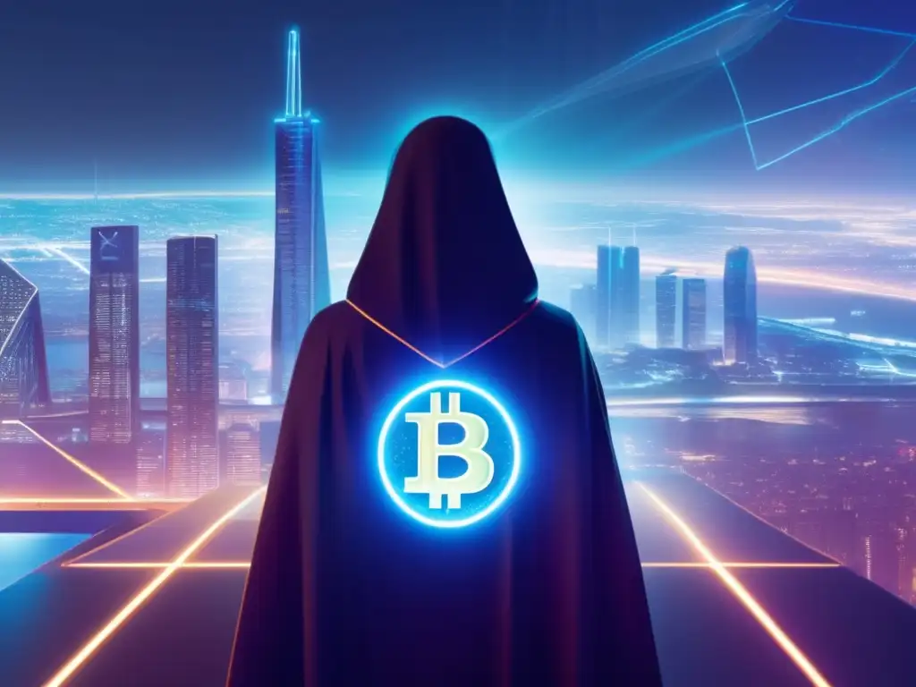 Figura misteriosa en ciudad futurista Enigma Satoshi Nakamoto Bitcoin: figura misteriosa en la sombra con símbolos de criptomonedas en el manto y fondo futurista
