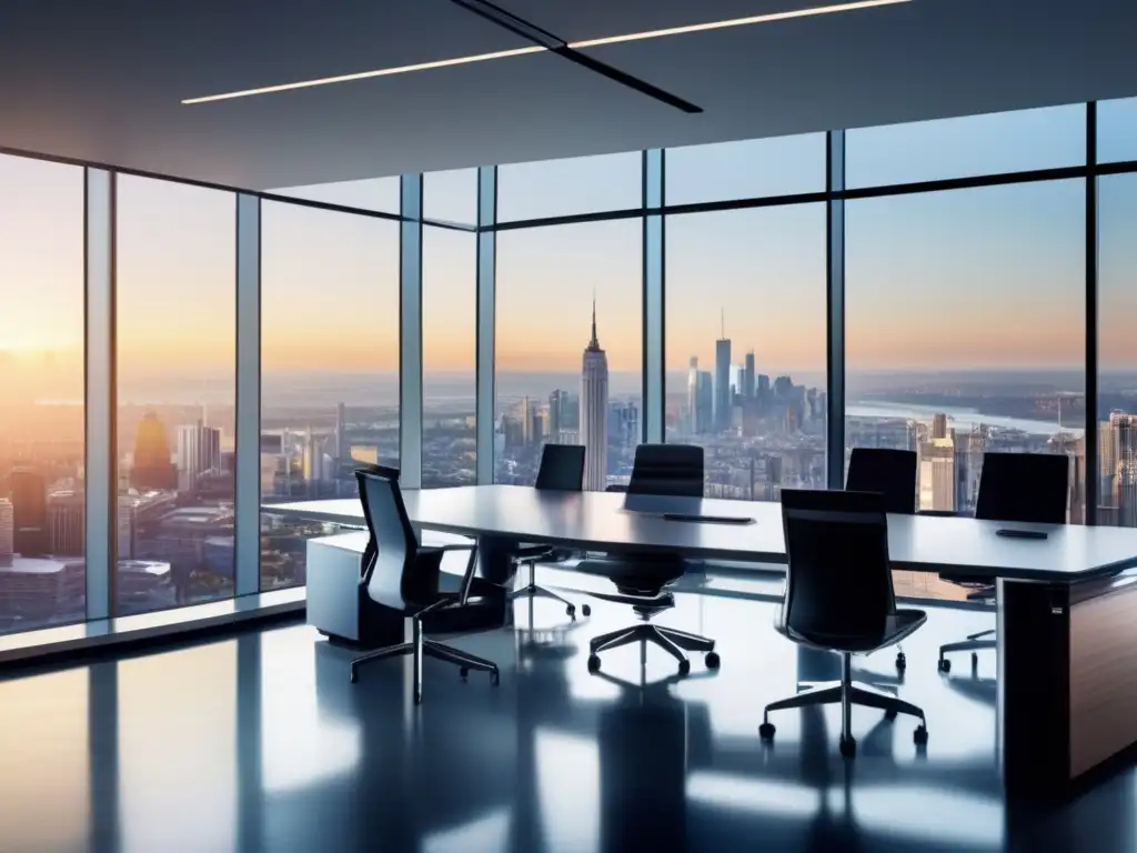 Oficina moderna y sofisticada en la ciudad Un entorno de oficina moderno y elegante con una vista panorámica de una ciudad vibrante a través de ventanas de piso a techo