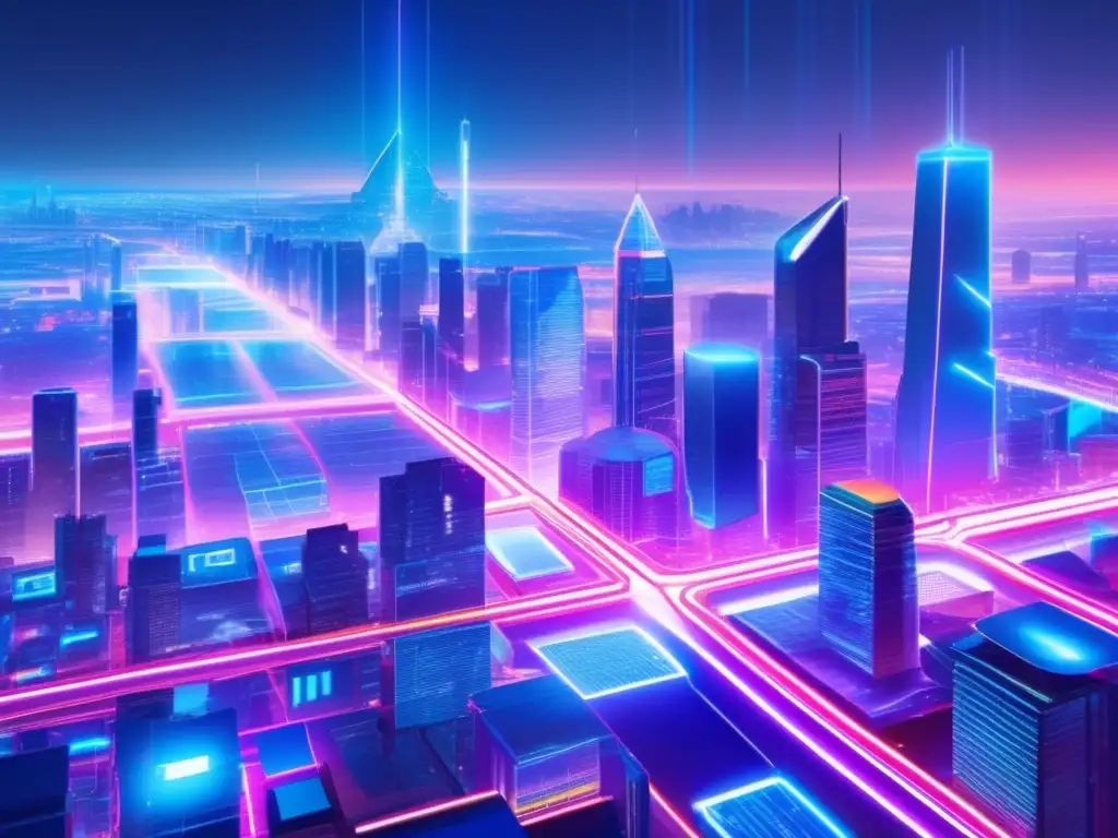 Futurista ciudad Tron: innovación y potencial ilimitado Tron: Red entretenimiento descentralizado en una ciudad futurista con rascacielos, hologramas y comunidad entusiasta