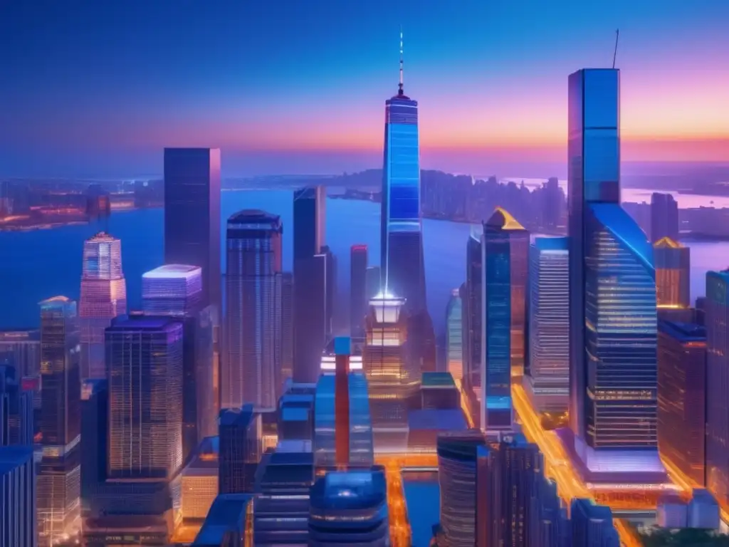 Ciudad vibrante iluminada por rascacielos Equilibrio cultural criptomonedas: Ciudad nocturna con rascacielos, personas en distrito financiero, redes interconectadas