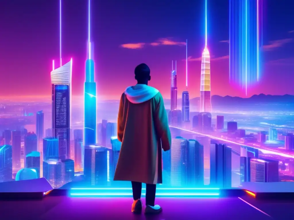 Ciudad futurista: tradición y criptomonedas Equilibrio cultural criptomonedas: Ciudad futurista con rascacielos iluminados por luces de neón