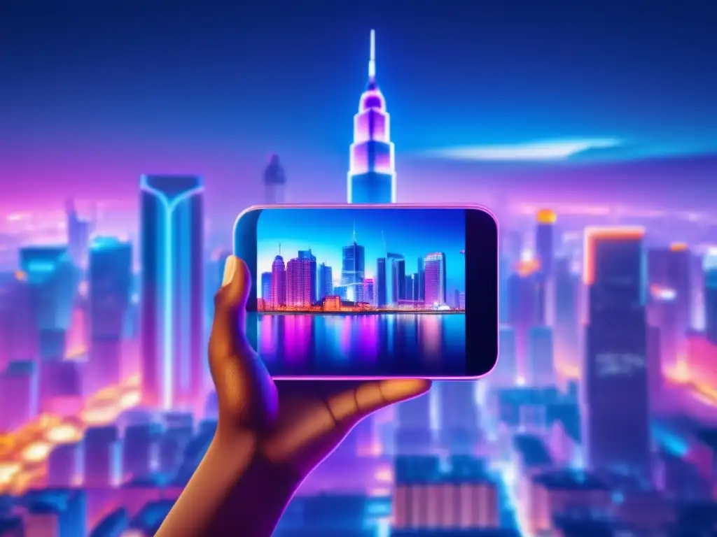Ciudad nocturna fusiona tradición y tecnología Equilibrio cultural criptomonedas: Ciudad nocturna futurista con rascacielos, templos y persona usando billetera digital