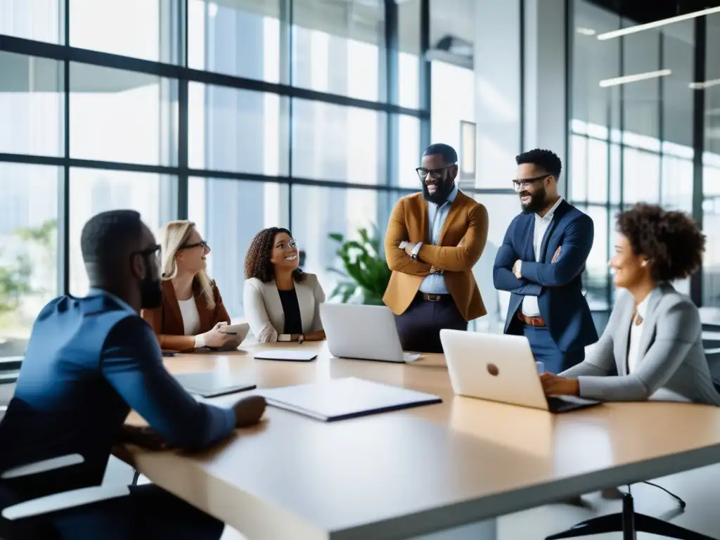 Profesionales colaborando en una oficina moderna Equipo diverso en oficina moderna, colaborando hacia un objetivo común