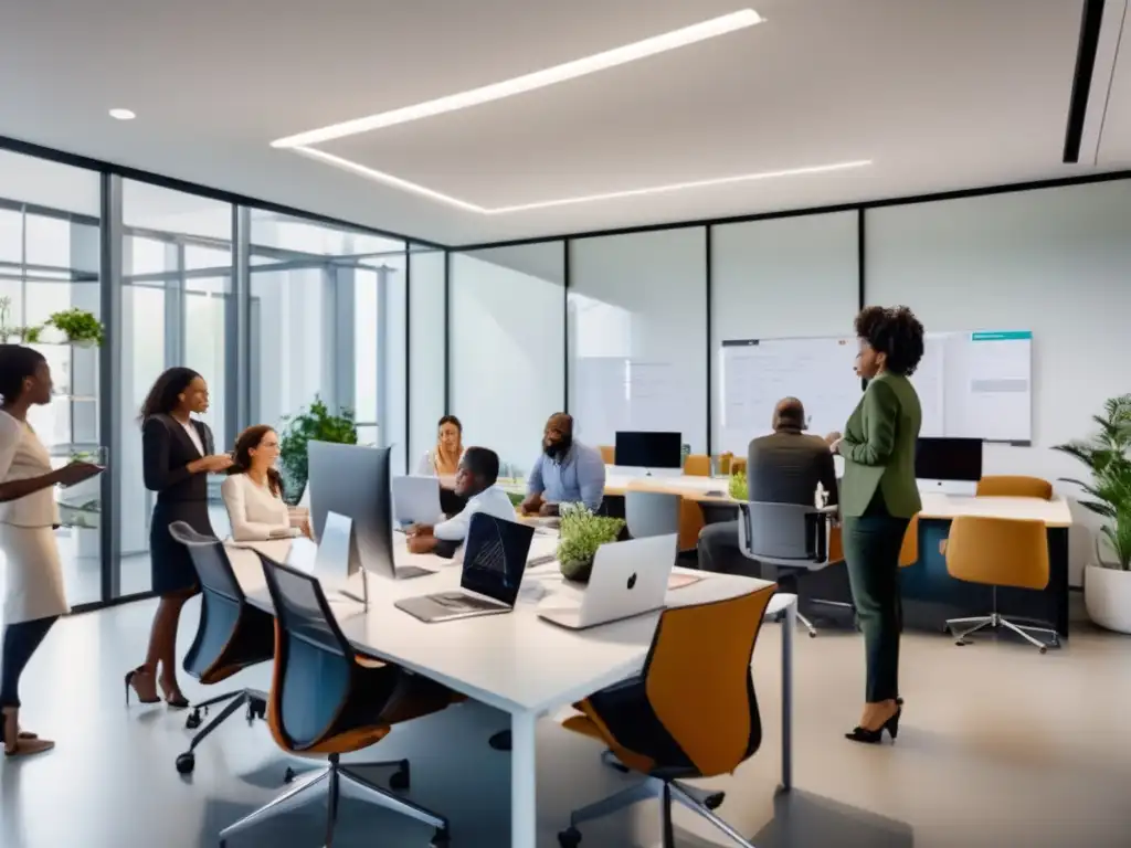 Equipo diverso trabajando en oficina moderna Equipo diverso de profesionales trabajando juntos en una oficina moderna; impacto del teletrabajo en los mercados financieros