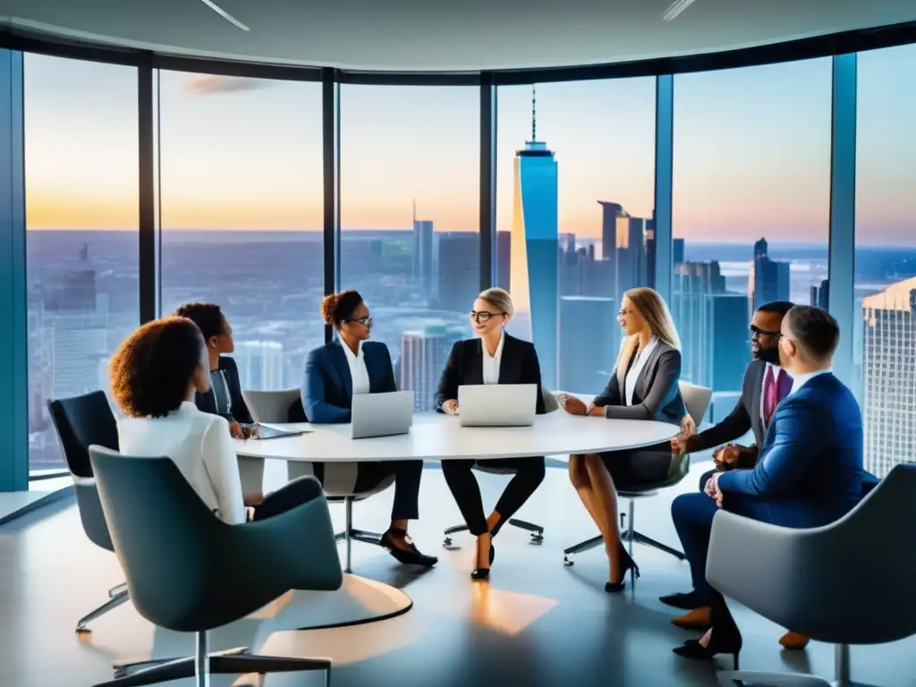 Reunión de profesionales en oficina moderna Equipo diverso de profesionales en reunión de negocios con propósito, en oficina moderna con vista panorámica a la ciudad