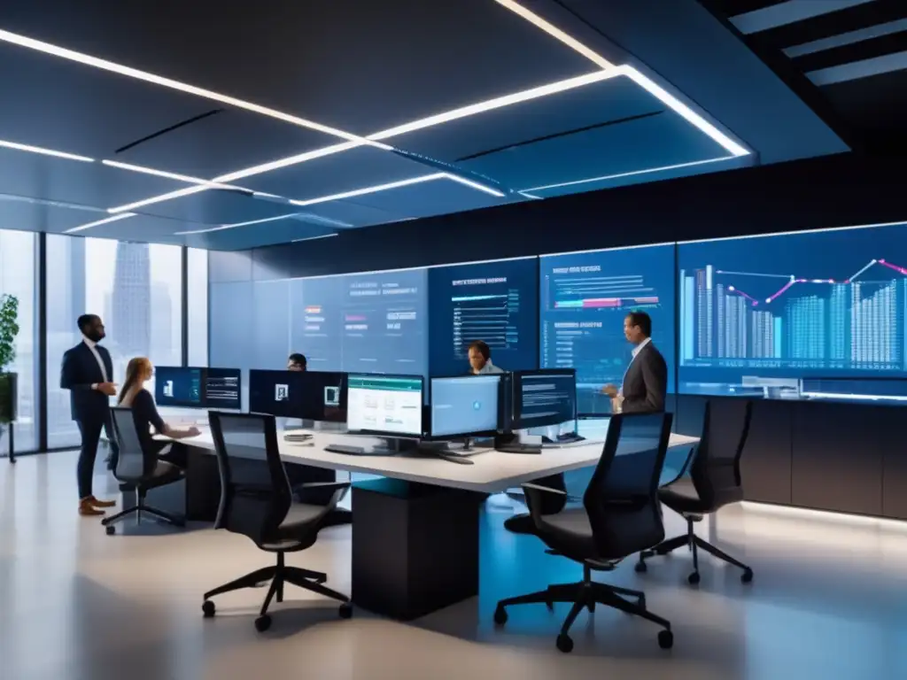 Oficina moderna con tecnología avanzada y equipo analizando datos Equipo profesional analizando inversiones con software AI - Ventajas de usar AI en inversiones