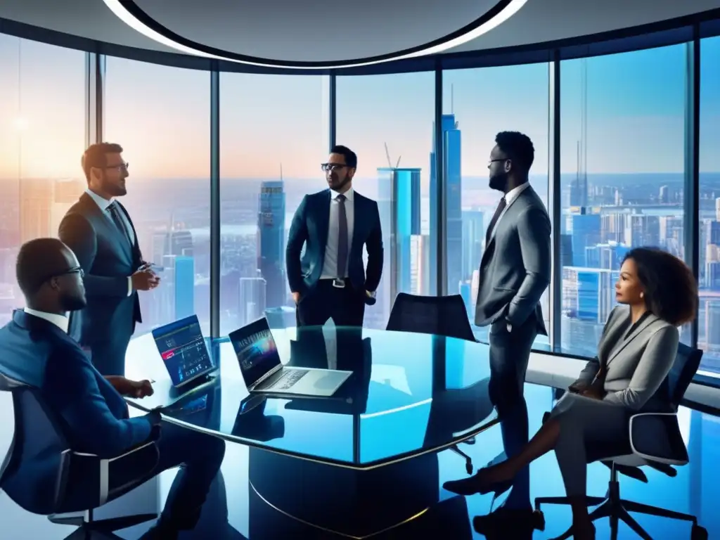Oficina moderna con profesionales analizando datos financieros Un equipo de profesionales analiza gráficos y datos financieros en una oficina moderna y elegante