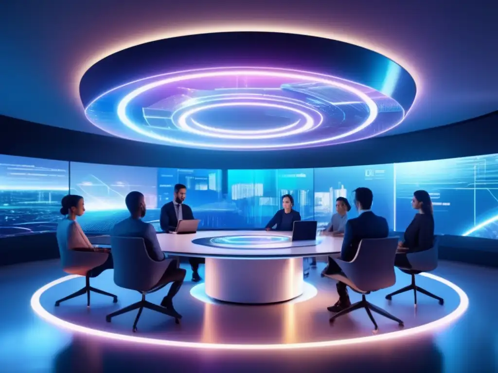 Futurosofisticada oficina: profesionales trabajan con alta tecnología Equipo de profesionales discutiendo tecnologías de IA y ML en una oficina futurista - Bots algoritmos últ