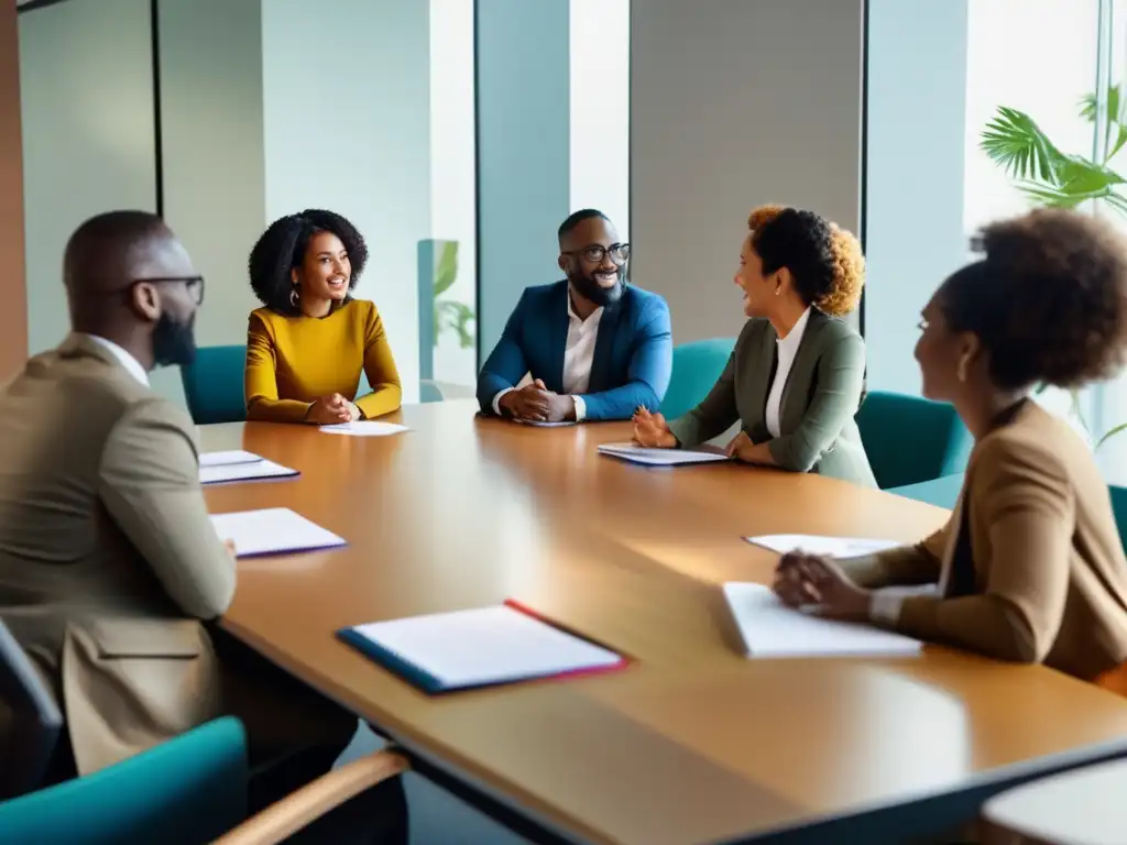 Profesionales diversos en reunión colaborativa Gestión equipos multiculturales en inversiones: profesionales diversos en una reunión, discutiendo ideas con respeto y apertura