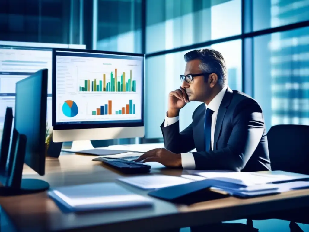 Falta de investigación y análisis en inversiones Errores en diversificación de inversiones: Oficina moderna con empresario analizando información del mercado