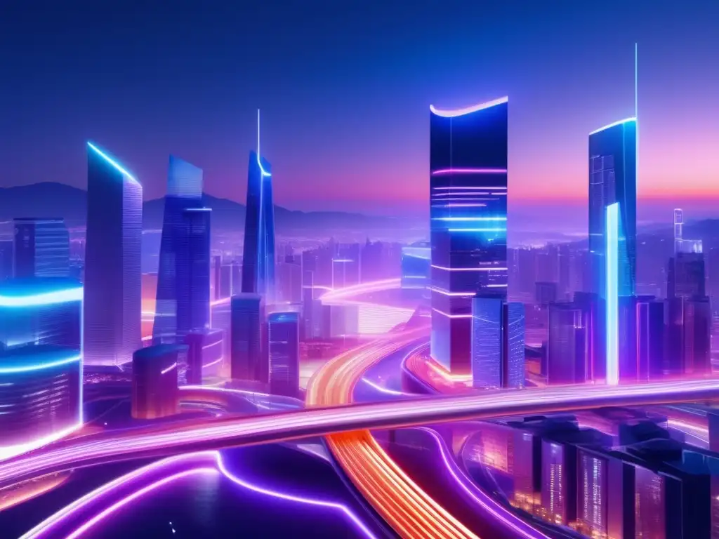 Ciudad futurista iluminada con neon Sharding: solución escalabilidad en vibrante ciudad futurista (110 caracteres)