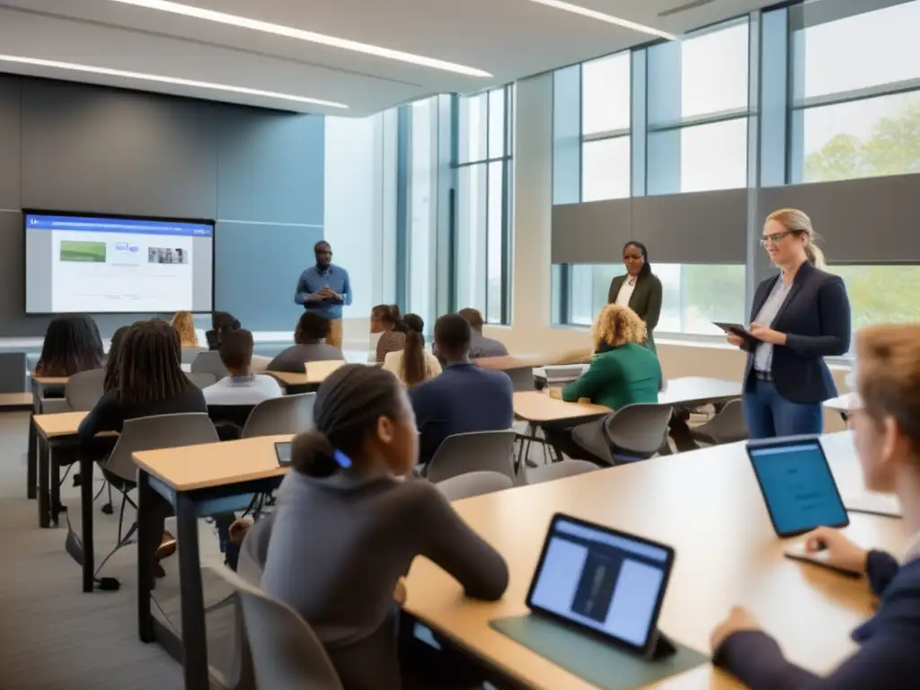 Aula moderna con tecnología avanzada y estudiantes diversos Escena de aula moderna con equipos tecnológicos, instructor y estudiantes diversos