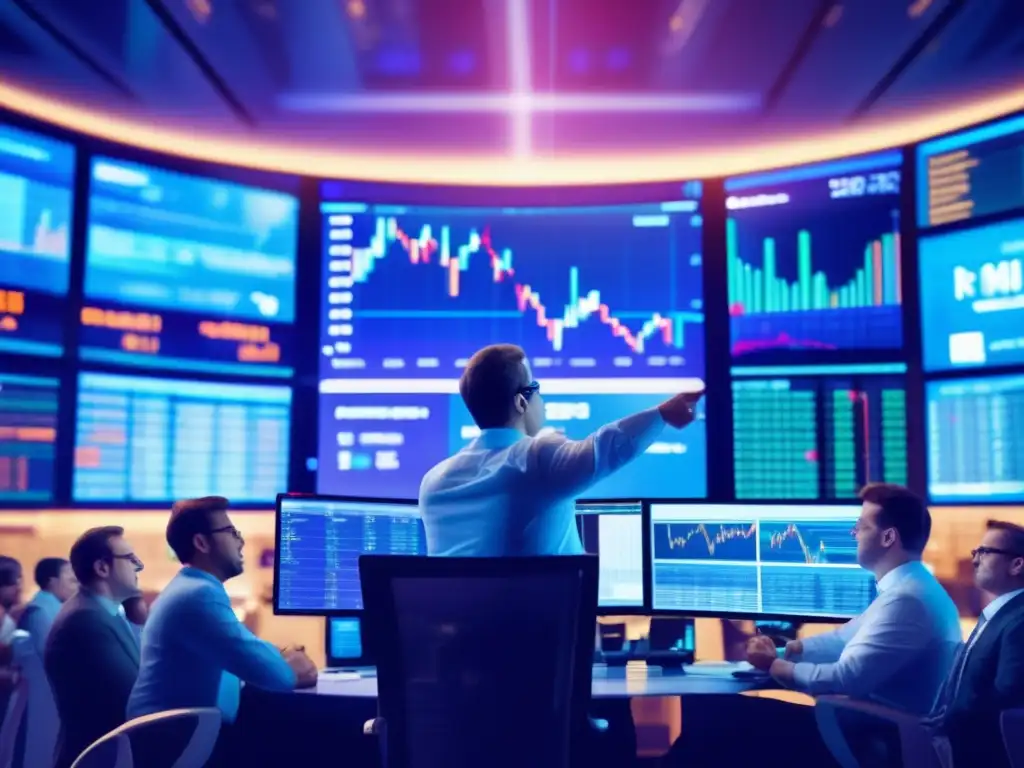 Traders en frenesí en la bolsa Escena de la bolsa con traders gestando y gritando, rodeados de pantallas con datos financieros en tiempo real