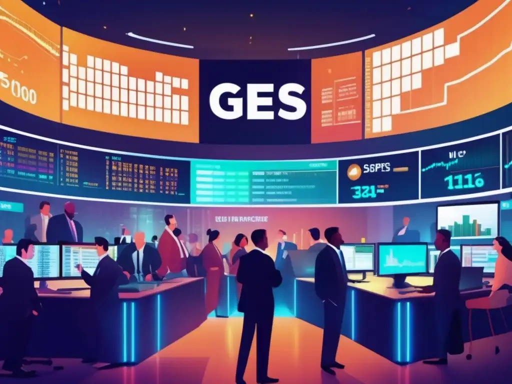 Mercado financiero vibrante y moderno Escena de la bolsa de valores llena de traders, con pantallas de precios y gestos animados