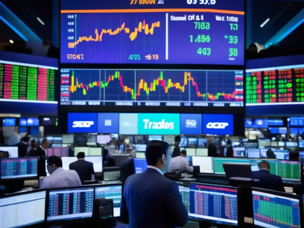 Traders en la bolsa de valores Escena de la bolsa de valores con traders, pantallas y precios en tiempo real