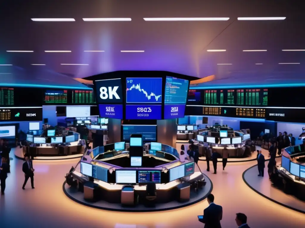 Piso de bolsa lleno de traders comprando y vendiendo acciones Escena de bolsa de valores con traders gestando y hablando por teléfono, impacto de las Reservas Federales en la Bolsa